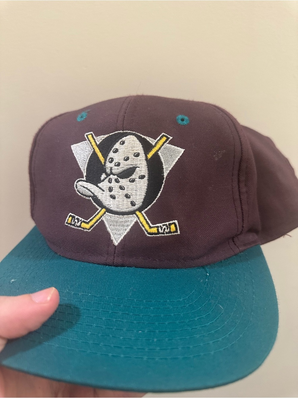 Anaheim mighty ducks vintage hat Two-Tone Teal and Purple Hockey Mask Cap
